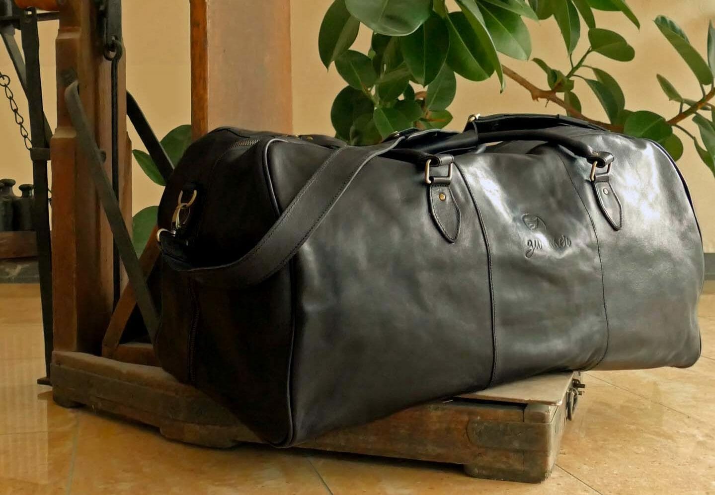 Reisetasche XXL aus schwarzem Rindsleder
